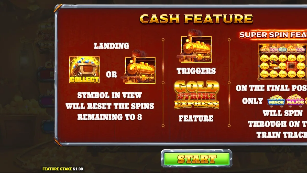 Tampilan visual slot Gold Strike Express dengan rel kereta api di atas gulungan
